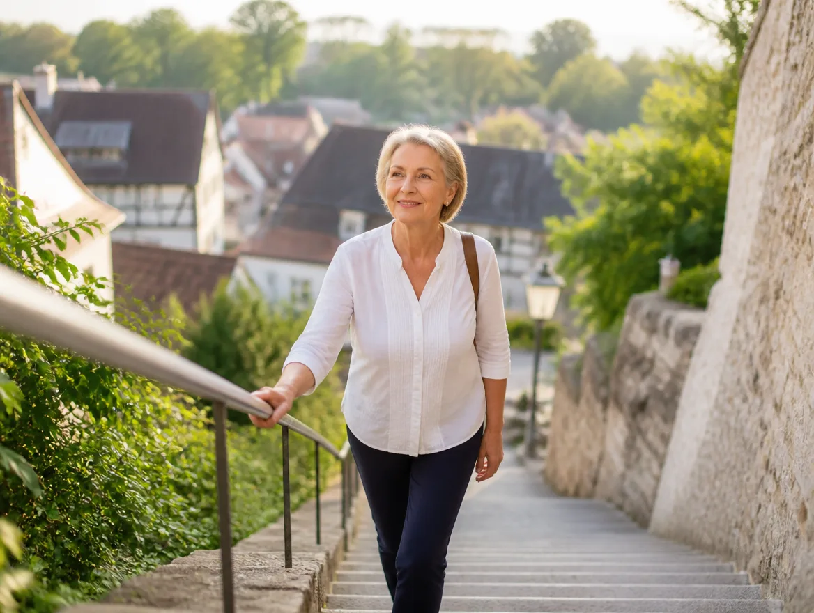 Eine Frau steigt sicher eine breite Außentreppe hinauf.